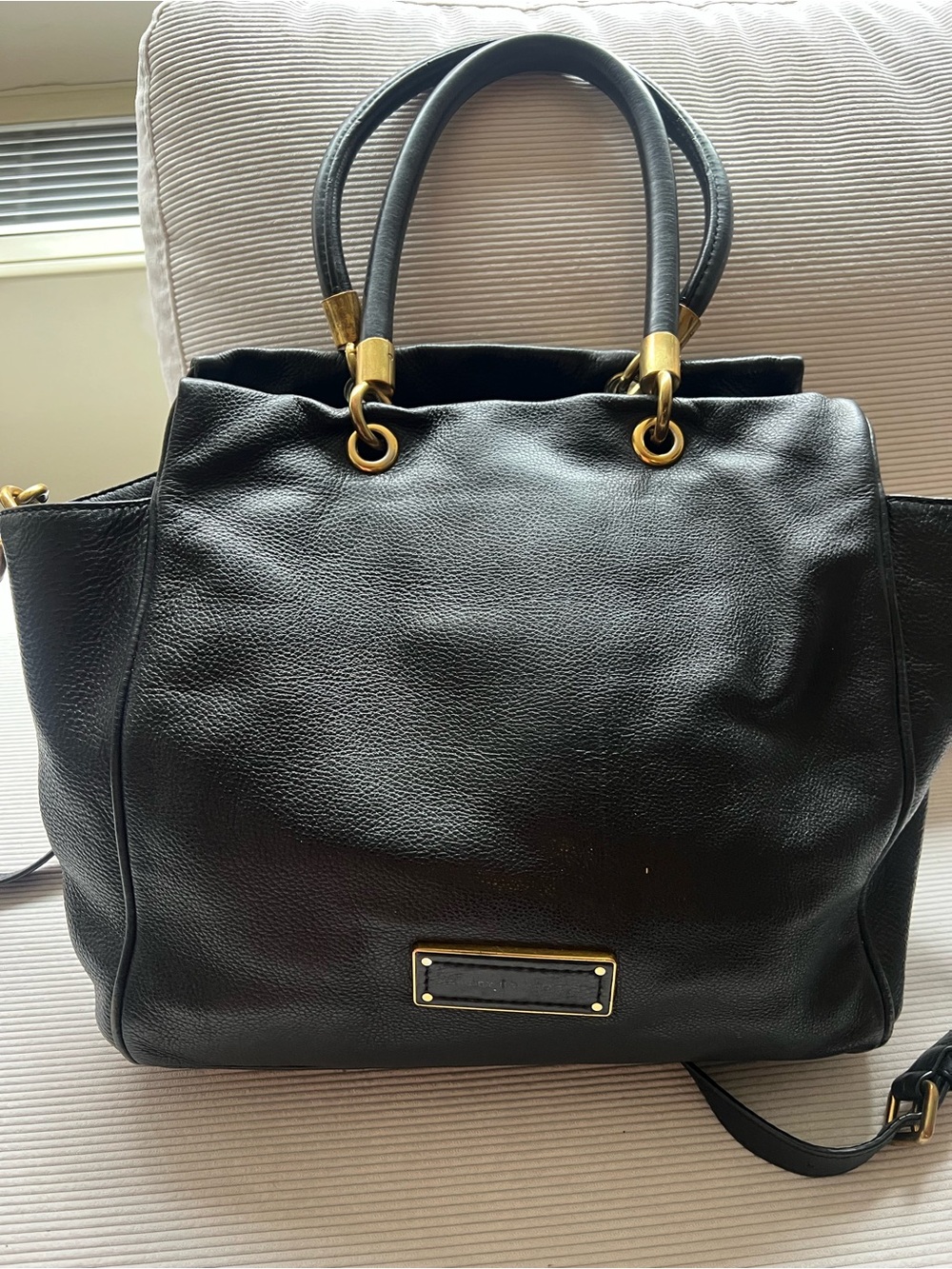 Marc Jacobs Black Leather Shoulder Tote with Gold Hardware